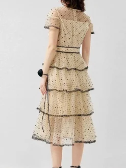 New Retro Stage 1950s Polka Dots Bow Mesh Tiered Dress Cream Color