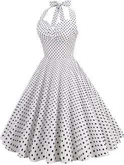Discount Retro Stage 1950s Polka Dots Lace Up Halter Swing Dress
