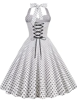 Discount Retro Stage 1950s Polka Dots Lace Up Halter Swing Dress