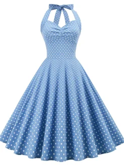 Discount Retro Stage 1950s Polka Dots Lace Up Halter Swing Dress