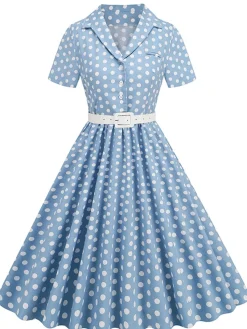 New Retro Stage 1950s Polka Dots Lapel Belted Dress