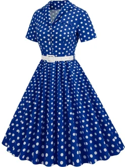 New Retro Stage 1950s Polka Dots Lapel Belted Dress