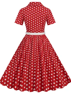 New Retro Stage 1950s Polka Dots Lapel Belted Dress