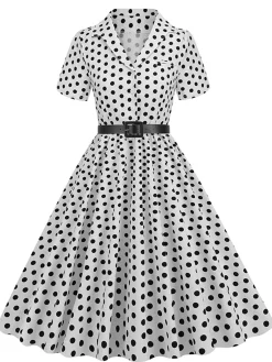 New Retro Stage 1950s Polka Dots Lapel Belted Dress