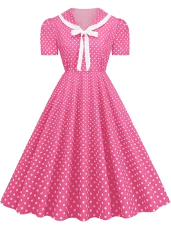 Best Retro Stage 1950s Polka Dots Lapel Bowknot Swing Dress