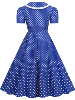 Best Retro Stage 1950s Polka Dots Lapel Bowknot Swing Dress