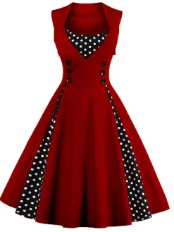 Outlet Retro Stage 1950s Polka Dots Lapel Patchwork Swing Dress