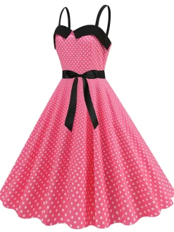 Clearance Retro Stage 1950s Polka Dots Patchwork Ribbon Strap Dress