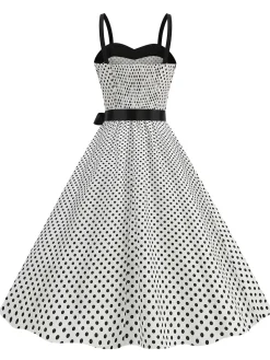 Clearance Retro Stage 1950s Polka Dots Patchwork Ribbon Strap Dress