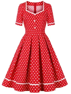 Fashion Retro Stage 1950s Polka Dots Patchwork Swing Dress