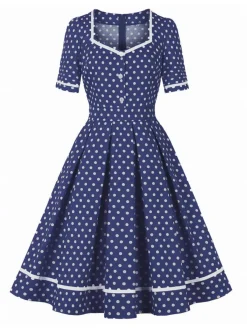 Fashion Retro Stage 1950s Polka Dots Patchwork Swing Dress