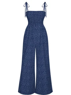 Discount Retro Stage 1970s Polka Dots Spaghetti Strap Bind Jumpsuit