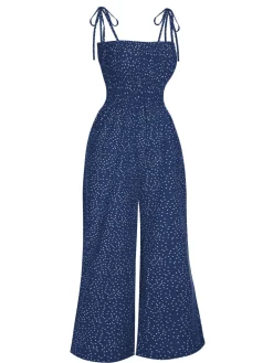 Discount Retro Stage 1970s Polka Dots Spaghetti Strap Bind Jumpsuit
