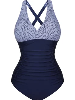 Discount Retro Stage 1950s Printed One-Piece Swimsuit Blue