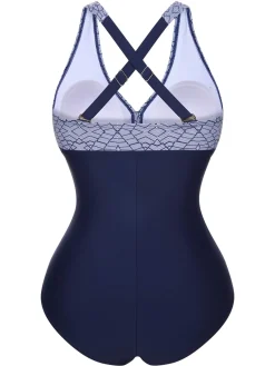 Discount Retro Stage 1950s Printed One-Piece Swimsuit Blue