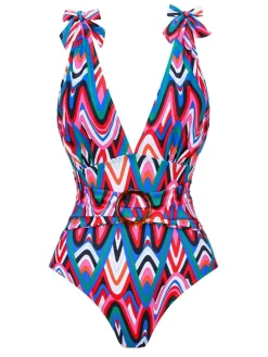 Discount Retro Stage 1970s Psychedelic Chevron Deep V-Neck Swimsuit