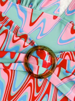 Discount Retro Stage 1970s Psychedelic Chevron Deep V-Neck Swimsuit