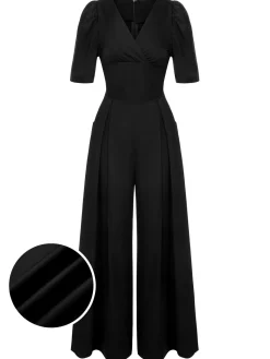 Outlet Retro Stage 1930s Puff Short Sleeve Wide Leg Jumpsuit