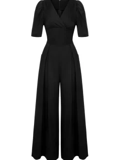 Outlet Retro Stage 1930s Puff Short Sleeve Wide Leg Jumpsuit