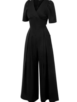 Outlet Retro Stage 1930s Puff Short Sleeve Wide Leg Jumpsuit