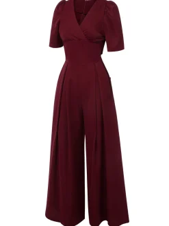 Outlet Retro Stage 1930s Puff Short Sleeve Wide Leg Jumpsuit