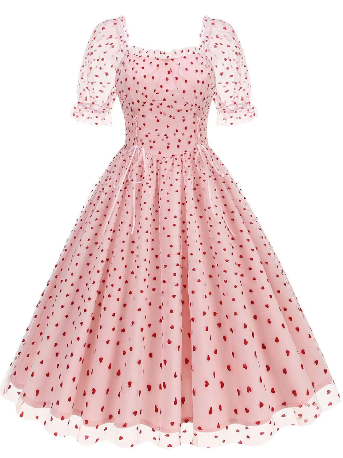 Online Retro Stage 1950s Puff Sleeve Valentine Heart Mesh Dress