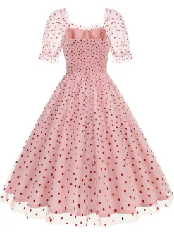 Online Retro Stage 1950s Puff Sleeve Valentine Heart Mesh Dress
