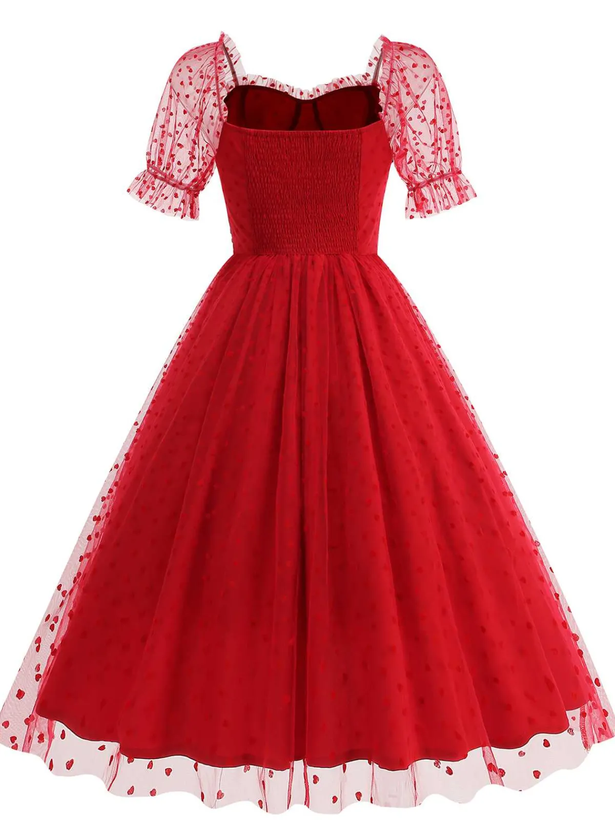 Online Retro Stage 1950s Puff Sleeve Valentine Heart Mesh Dress