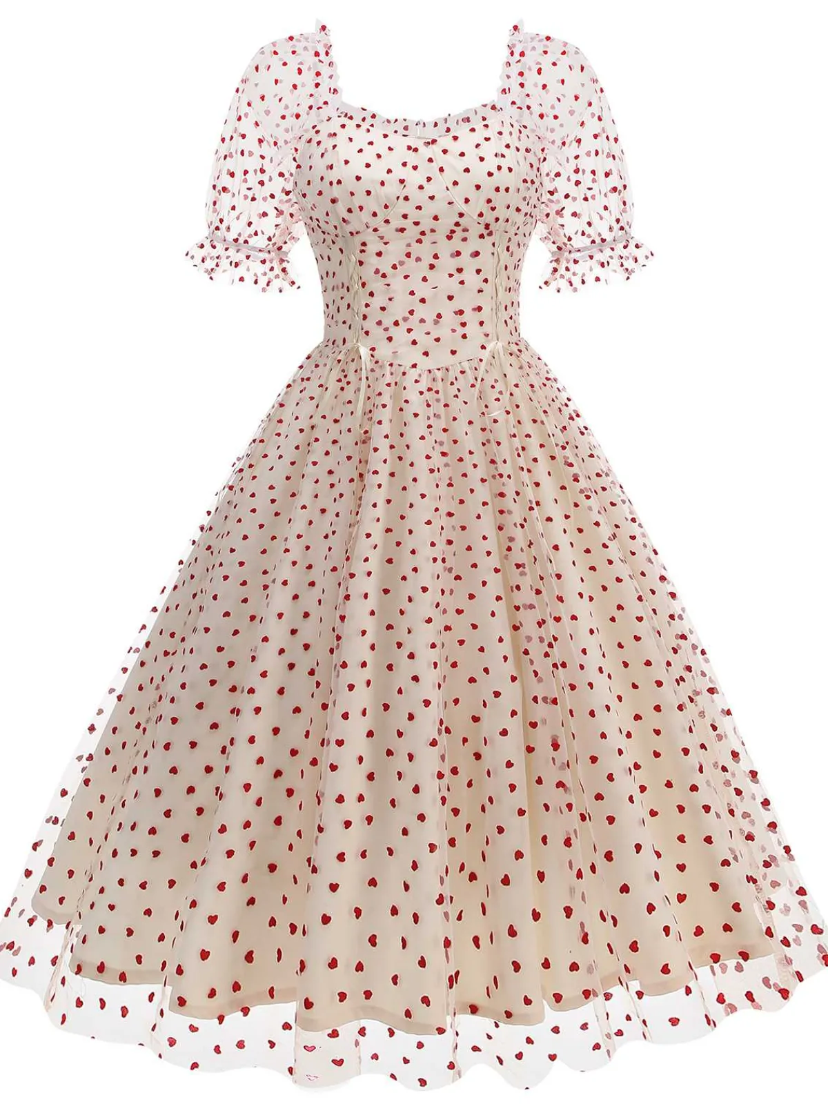 Online Retro Stage 1950s Puff Sleeve Valentine Heart Mesh Dress