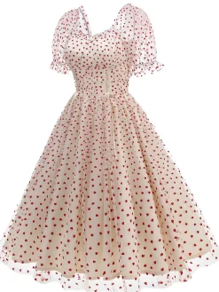 Online Retro Stage 1950s Puff Sleeve Valentine Heart Mesh Dress
