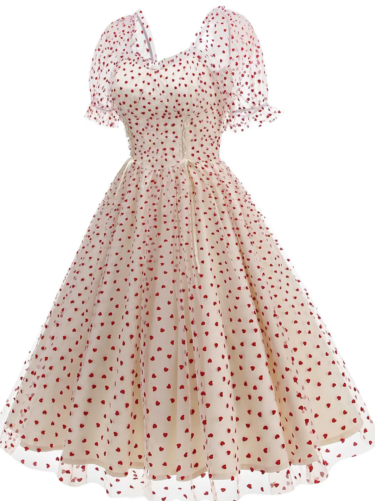 Online Retro Stage 1950s Puff Sleeve Valentine Heart Mesh Dress