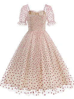 Online Retro Stage 1950s Puff Sleeve Valentine Heart Mesh Dress