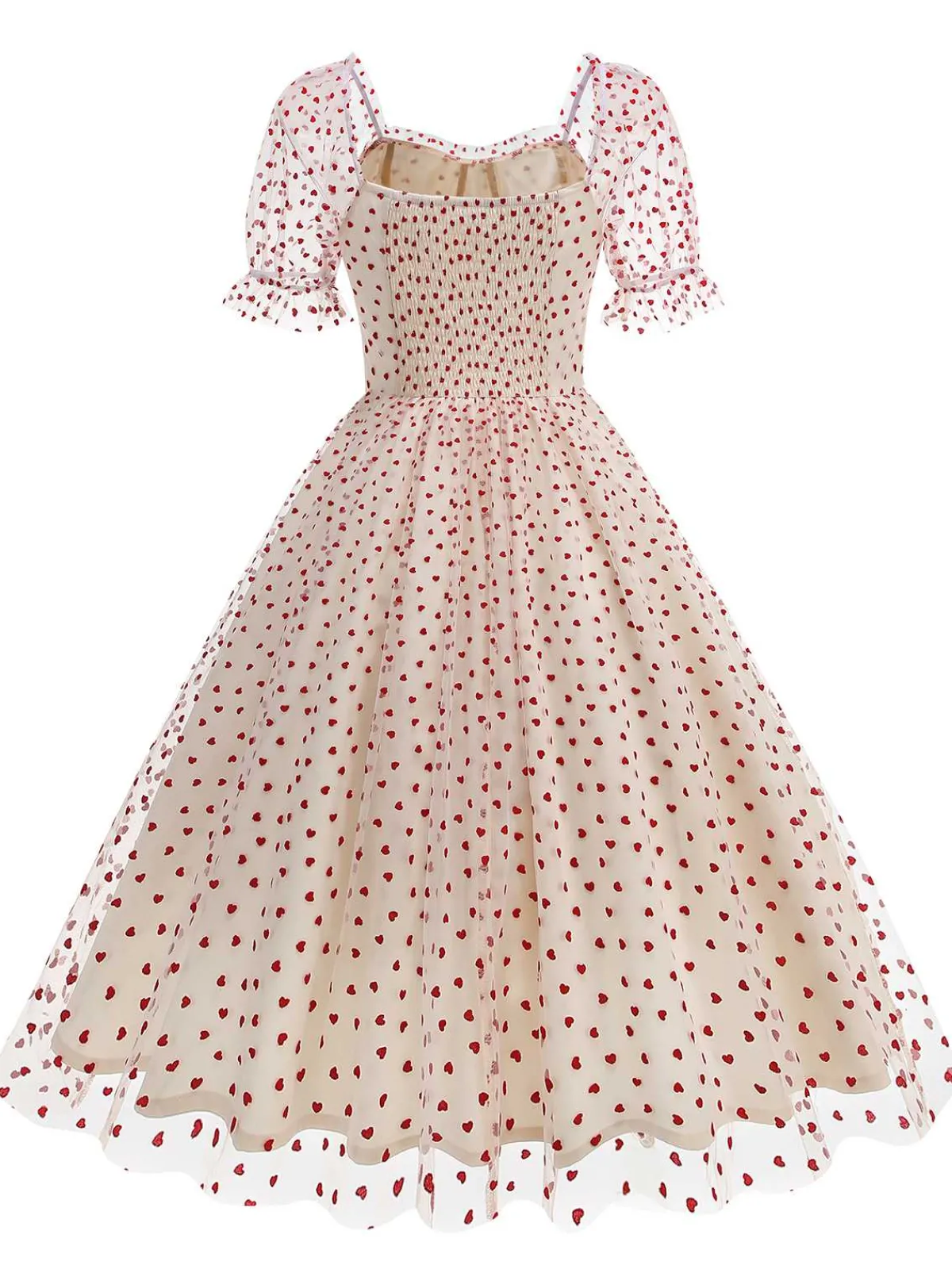 Online Retro Stage 1950s Puff Sleeve Valentine Heart Mesh Dress