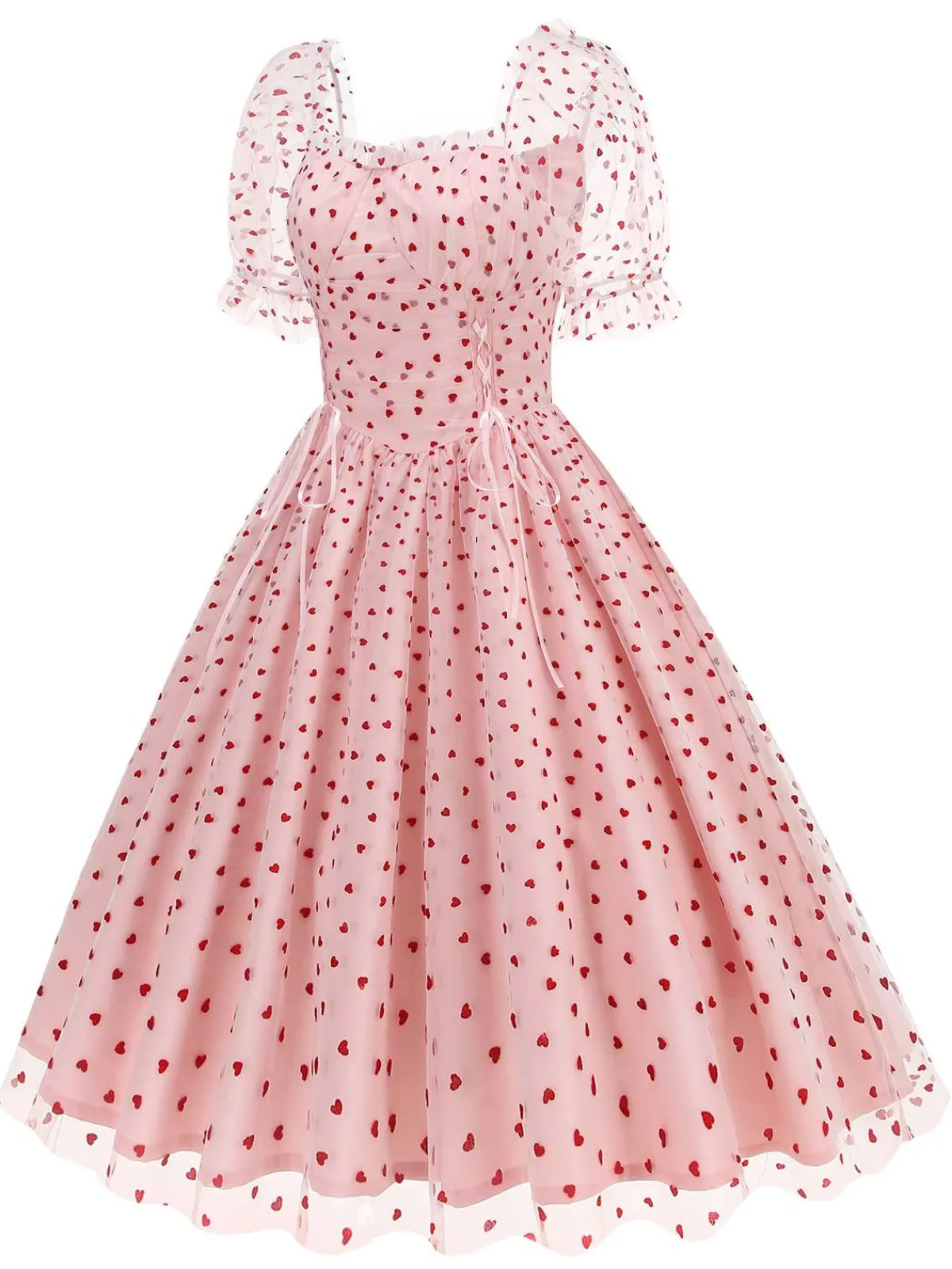 Online Retro Stage 1950s Puff Sleeve Valentine Heart Mesh Dress