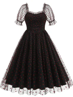 Online Retro Stage 1950s Puff Sleeve Valentine Heart Mesh Dress