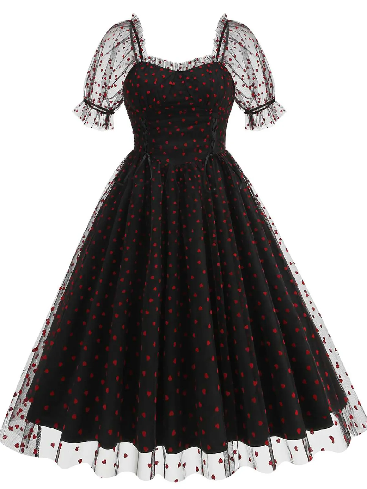 Online Retro Stage 1950s Puff Sleeve Valentine Heart Mesh Dress