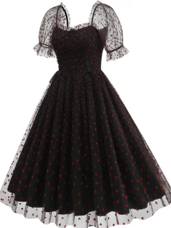 Online Retro Stage 1950s Puff Sleeve Valentine Heart Mesh Dress