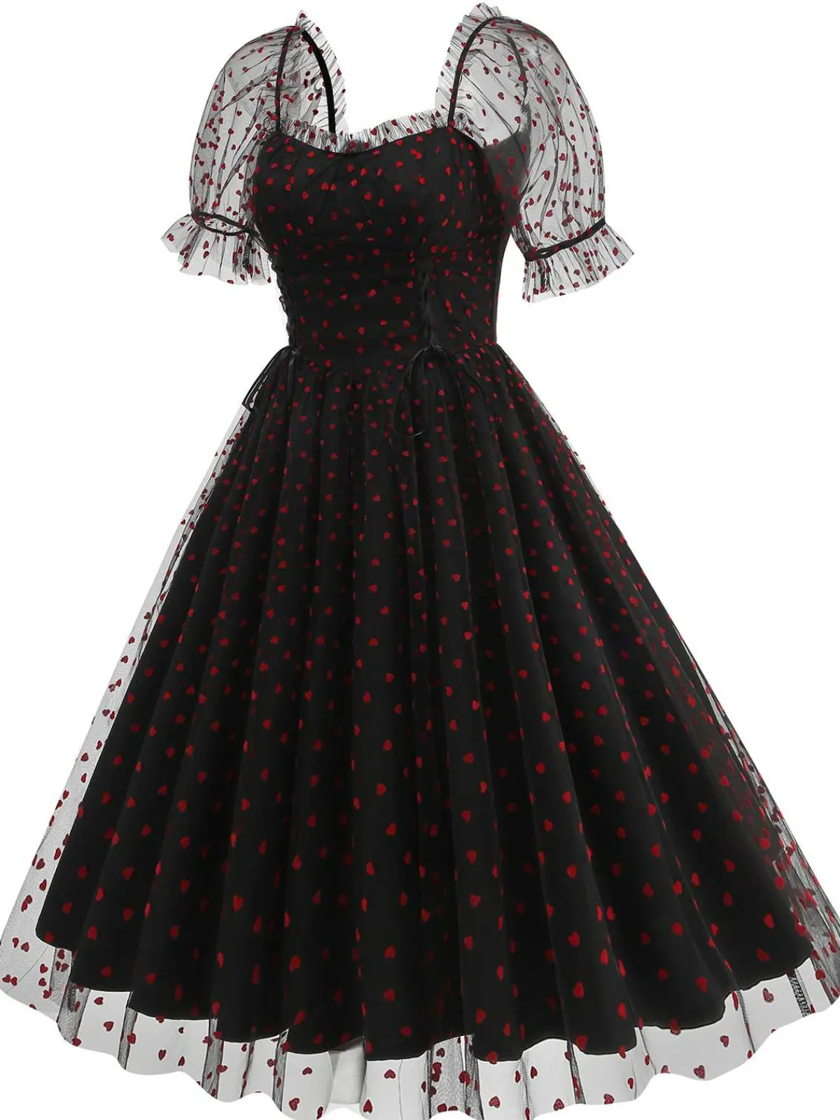 Online Retro Stage 1950s Puff Sleeve Valentine Heart Mesh Dress