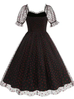 Online Retro Stage 1950s Puff Sleeve Valentine Heart Mesh Dress