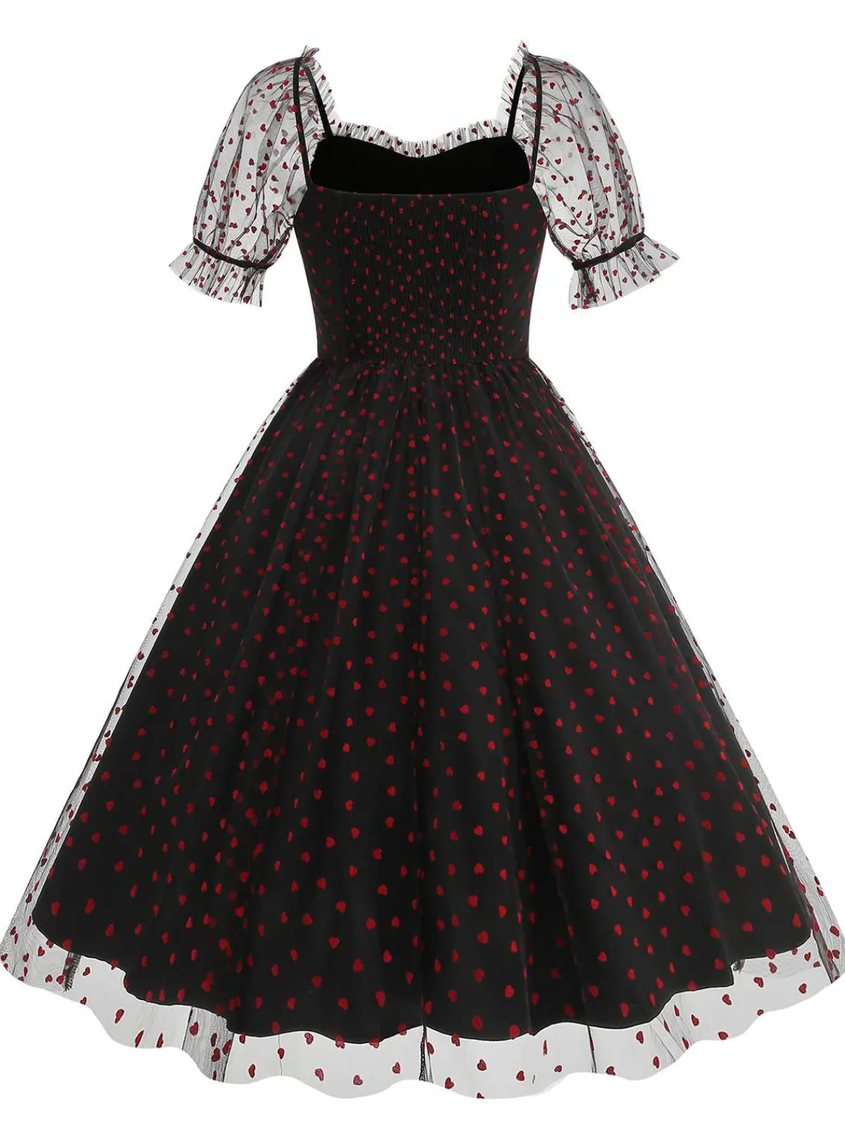 Online Retro Stage 1950s Puff Sleeve Valentine Heart Mesh Dress