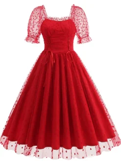 Online Retro Stage 1950s Puff Sleeve Valentine Heart Mesh Dress