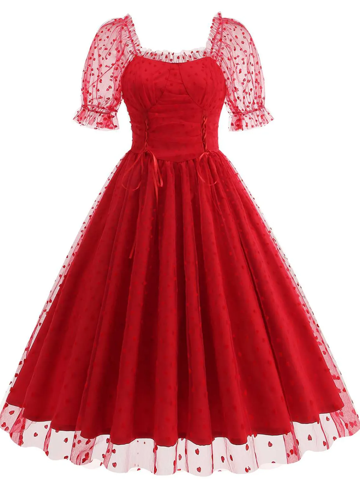 Online Retro Stage 1950s Puff Sleeve Valentine Heart Mesh Dress