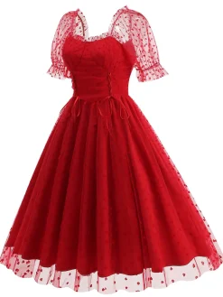 Online Retro Stage 1950s Puff Sleeve Valentine Heart Mesh Dress