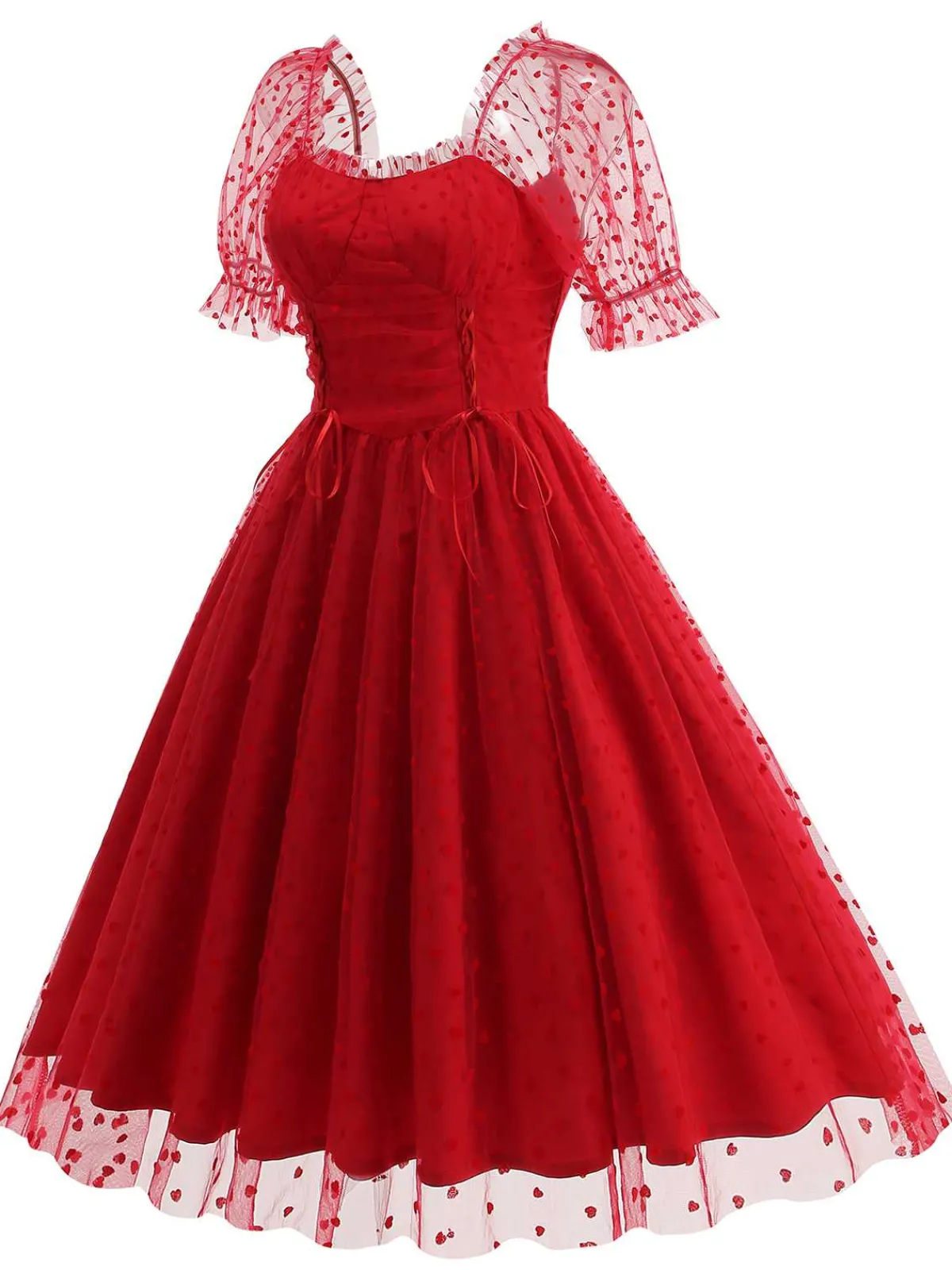 Online Retro Stage 1950s Puff Sleeve Valentine Heart Mesh Dress