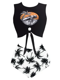 Discount Retro Stage 1980s Punk Waist Tie Skeleton Beach Print Bikini Set Black