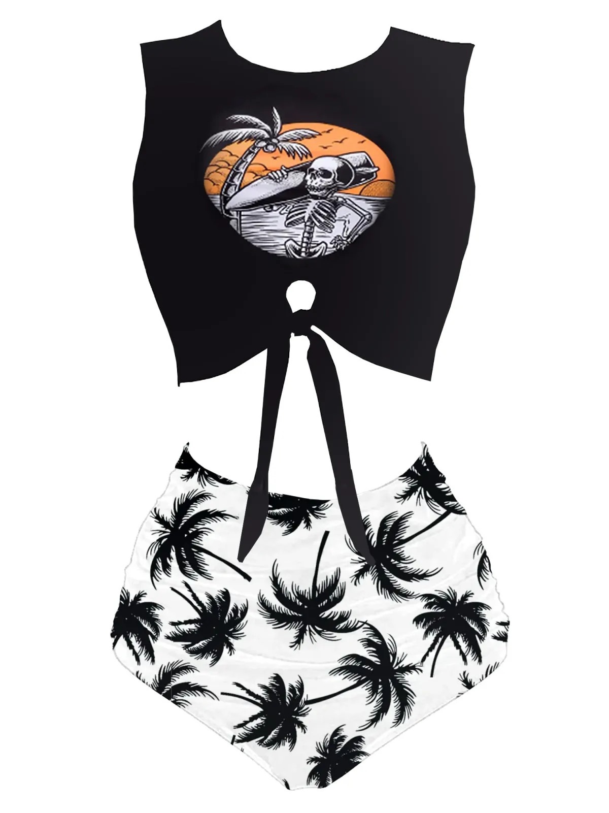 Discount Retro Stage 1980s Punk Waist Tie Skeleton Beach Print Bikini Set Black
