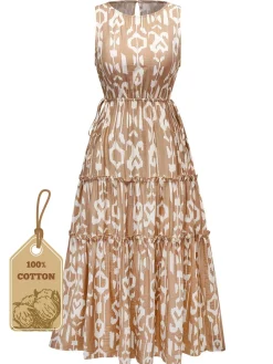 Discount Retro Stage 1970s Pure Cotton Round Neck Boho Midi Dress Khaki