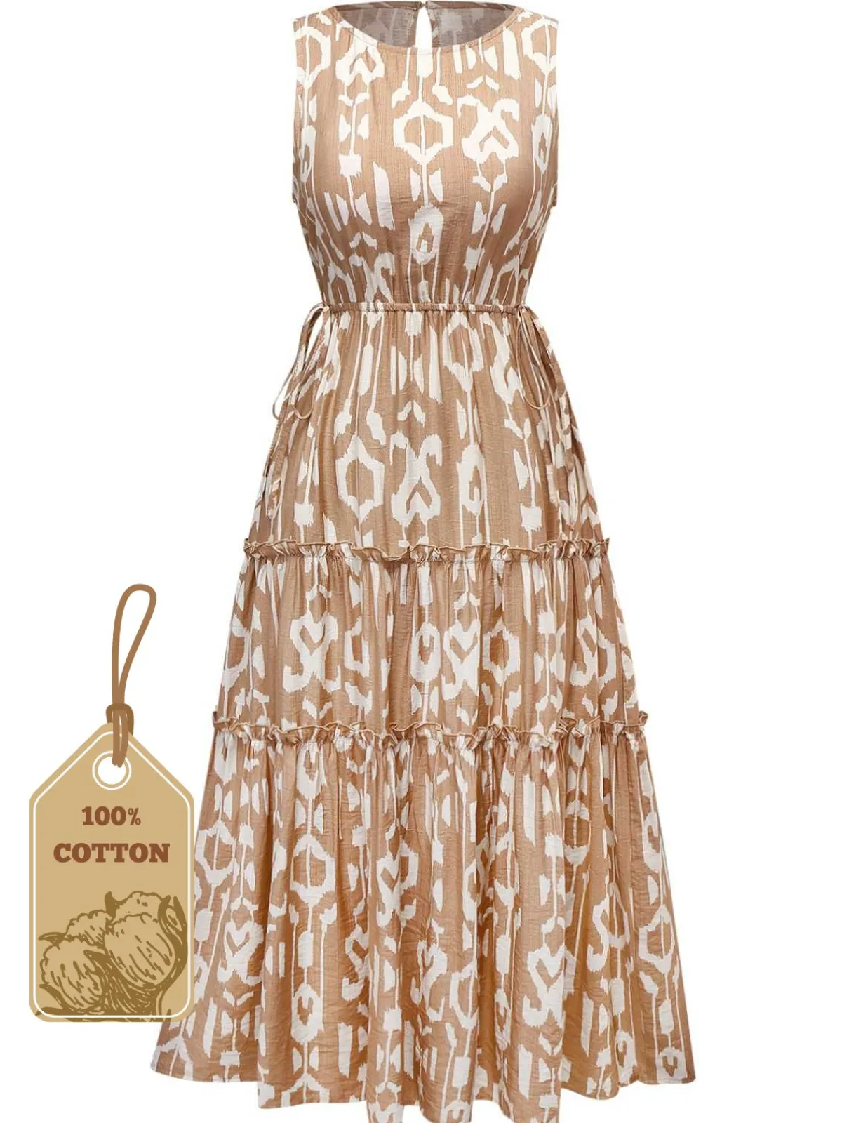 Discount Retro Stage 1970s Pure Cotton Round Neck Boho Midi Dress Khaki