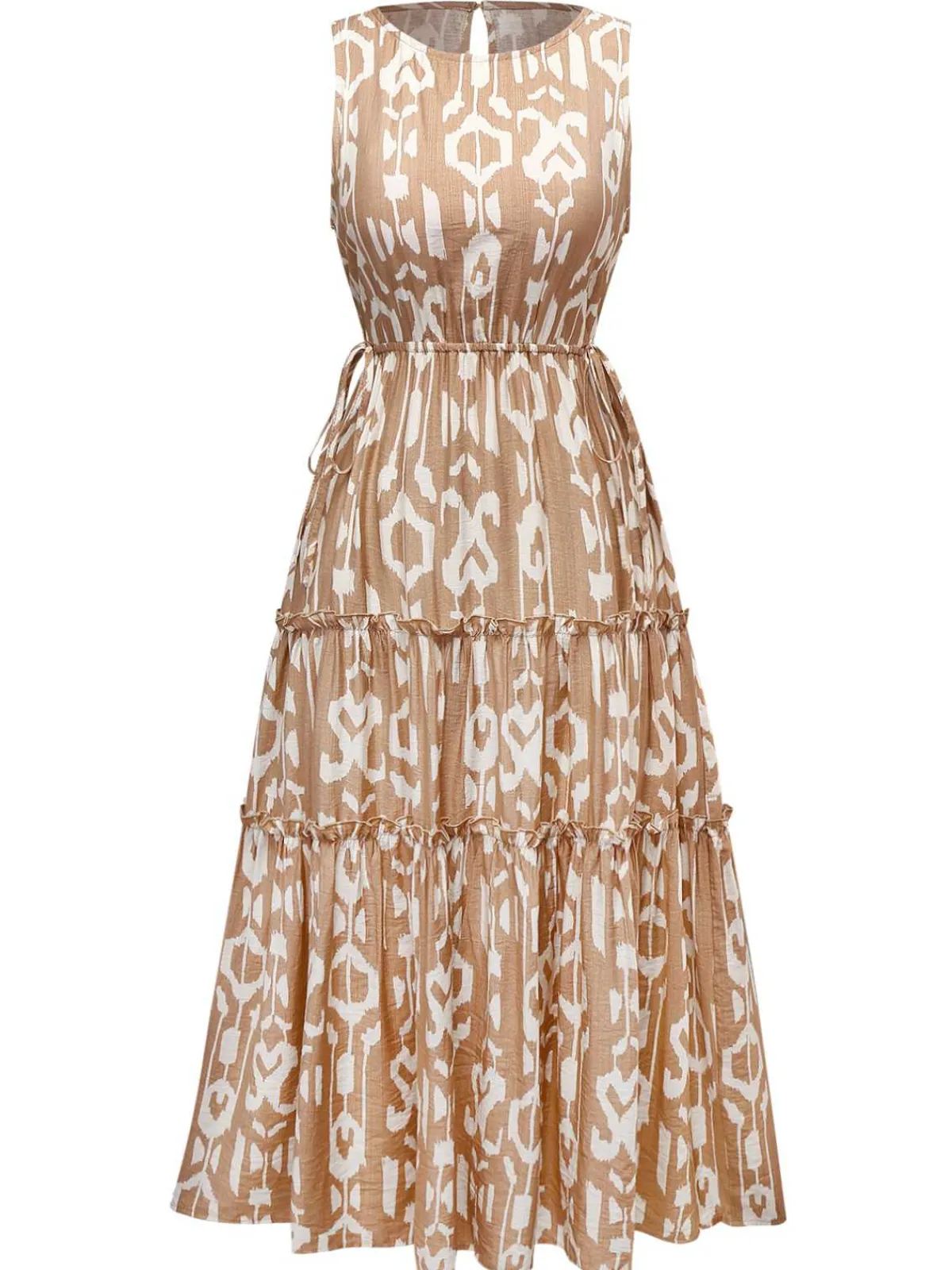 Discount Retro Stage 1970s Pure Cotton Round Neck Boho Midi Dress Khaki