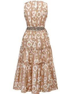 Discount Retro Stage 1970s Pure Cotton Round Neck Boho Midi Dress Khaki